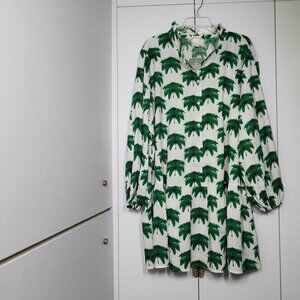 H&M Frilled-Collar Dress Pal Tree Print Size XXL White/Green Cotton/Viscose